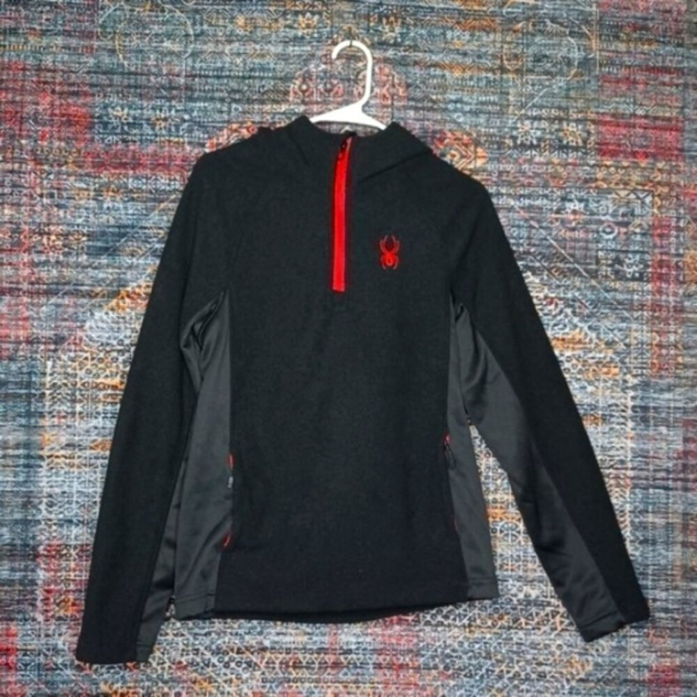 Spyder men black charcoal red trim Boundless 1/2 zip hooded lined pullover S EUC
